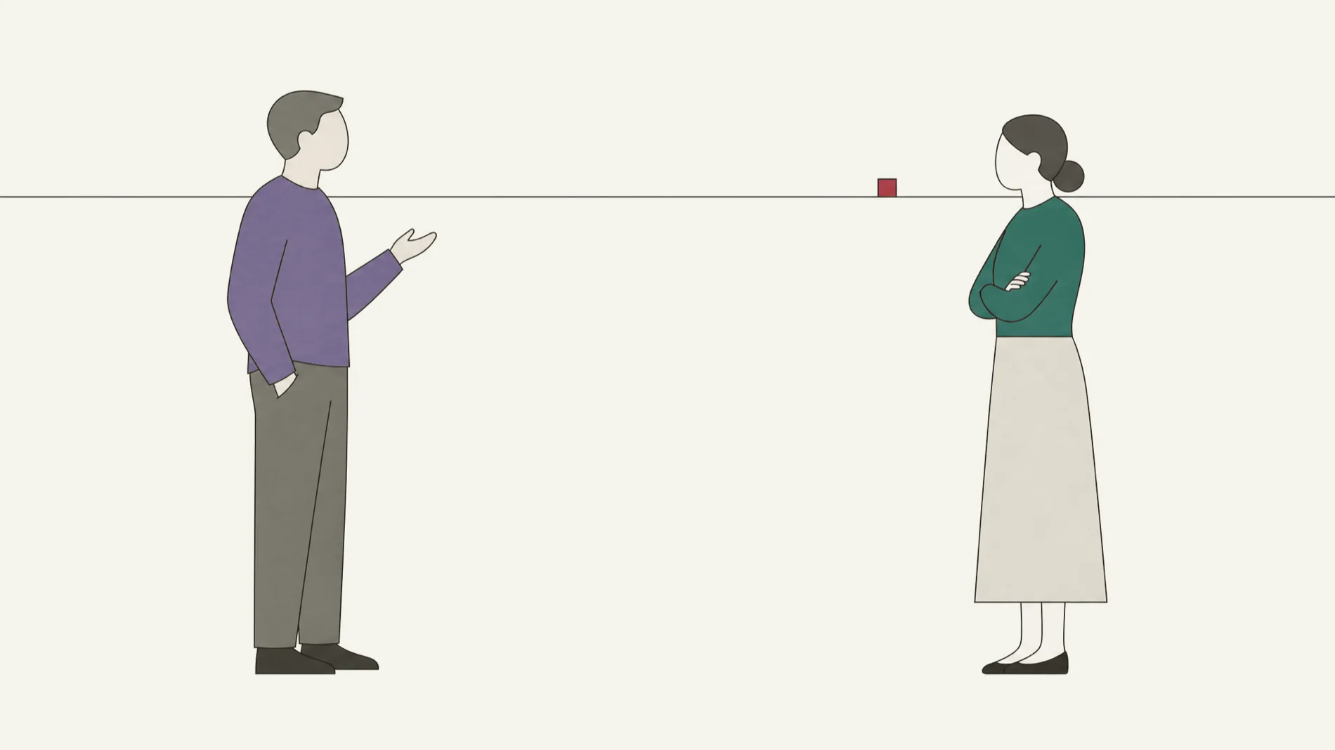 An illustration of two people facing each other across a large empty space, one mid-question, with a single thin horizontal line running behind them.