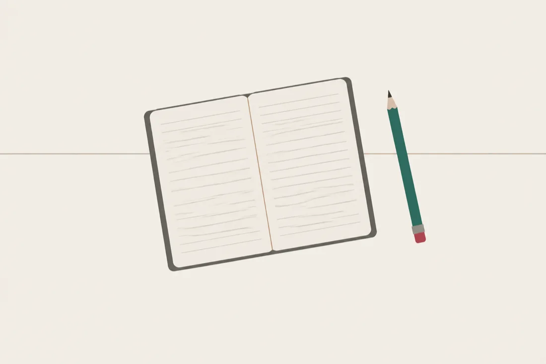 An illustration of a small plain notebook lying open beside a pencil, seen from above, with nothing written on it.