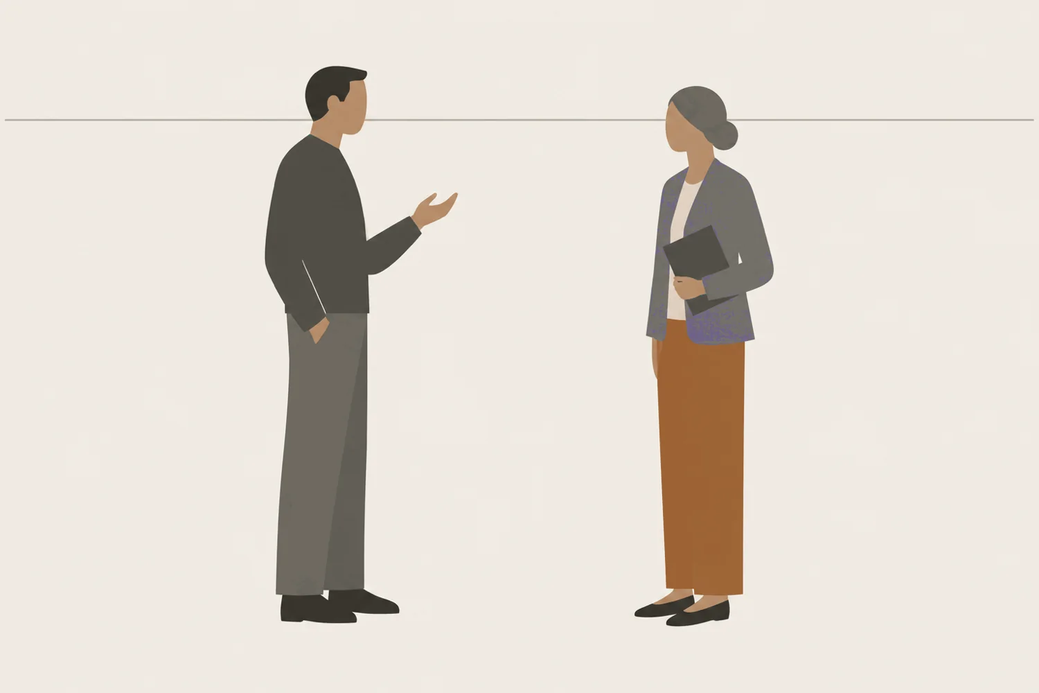 An illustration of two people standing a polite distance apart in an empty room, one turned towards the other with a hand slightly raised, mid-question.