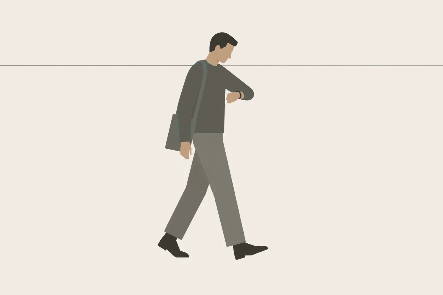 An illustration of a person glancing down at their wrist mid-stride in an empty room.