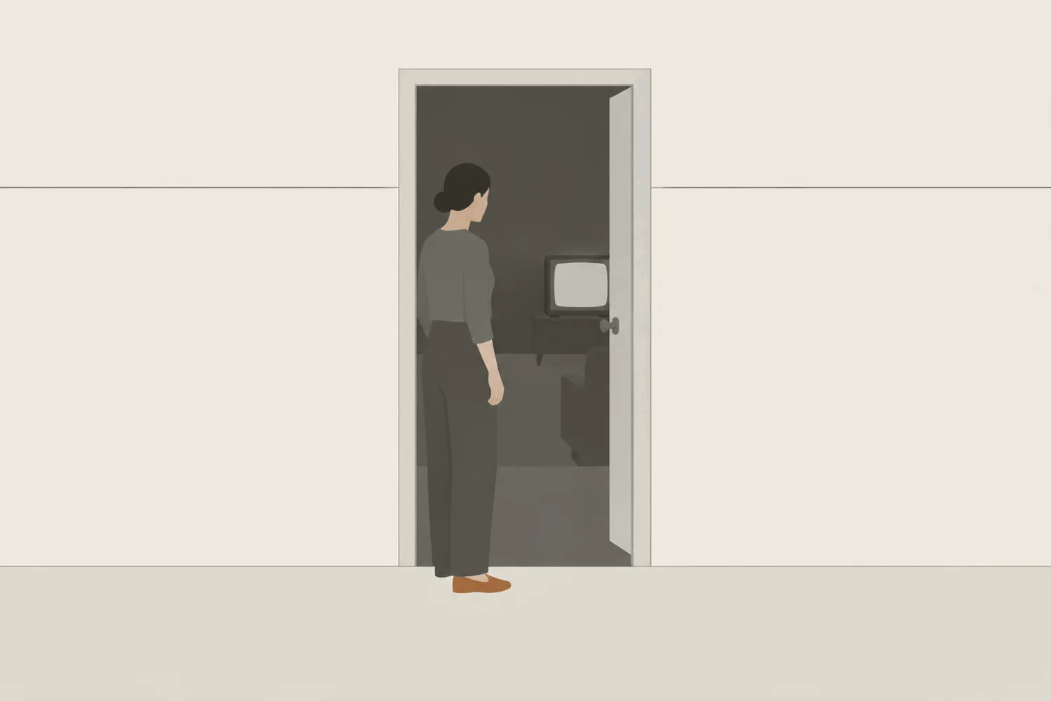 An illustration of a person stopped in a plain empty doorway, turned to look back over one shoulder into the room behind.
