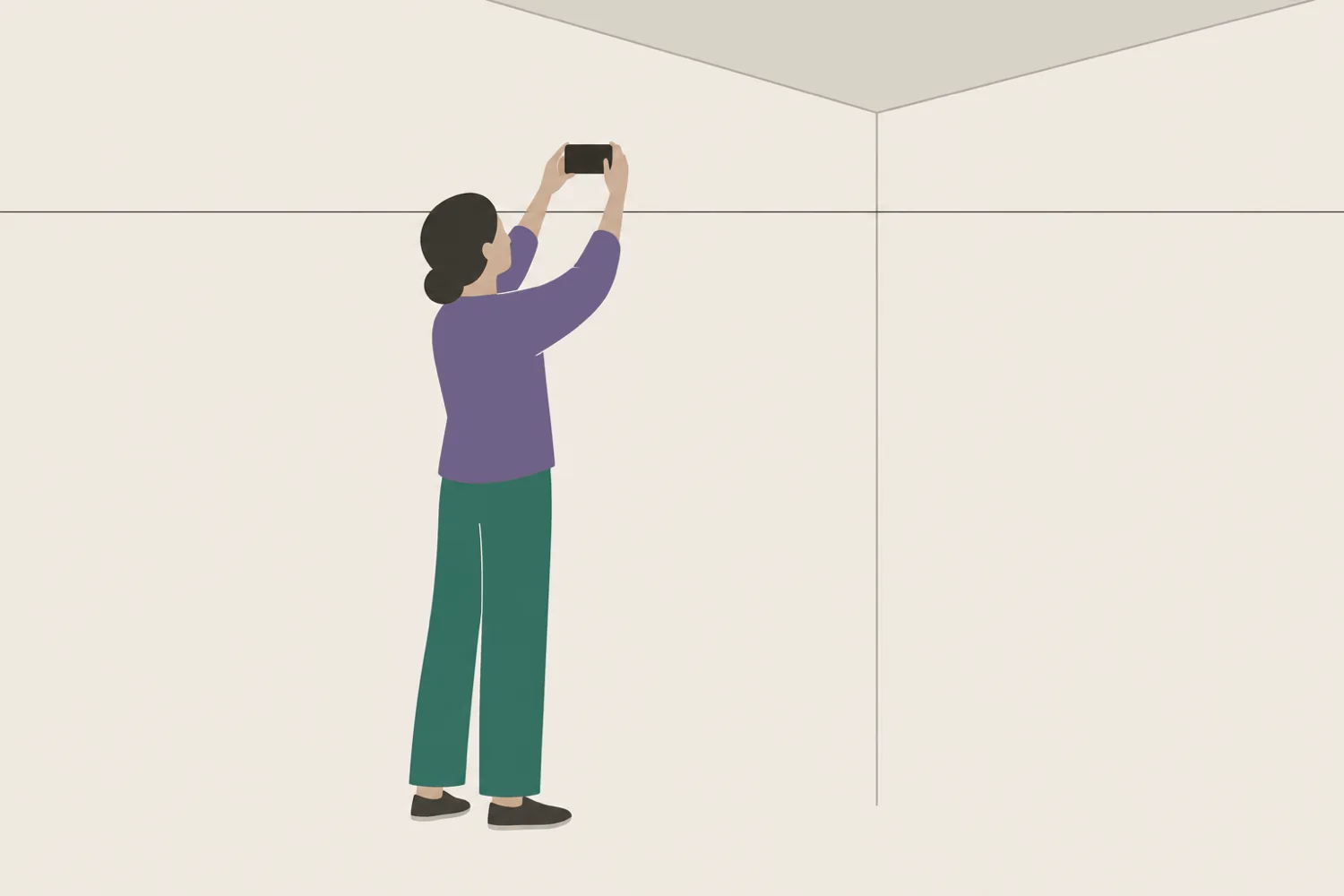 An illustration of a person holding a phone up to photograph the top corner of an empty room.