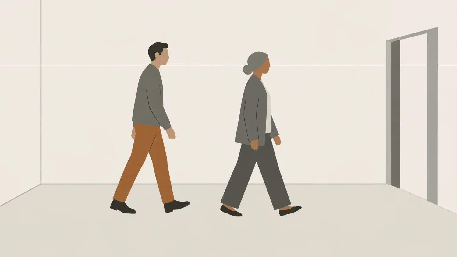 An illustration of two people walking through a bare room in single file, one half a pace ahead of the other.