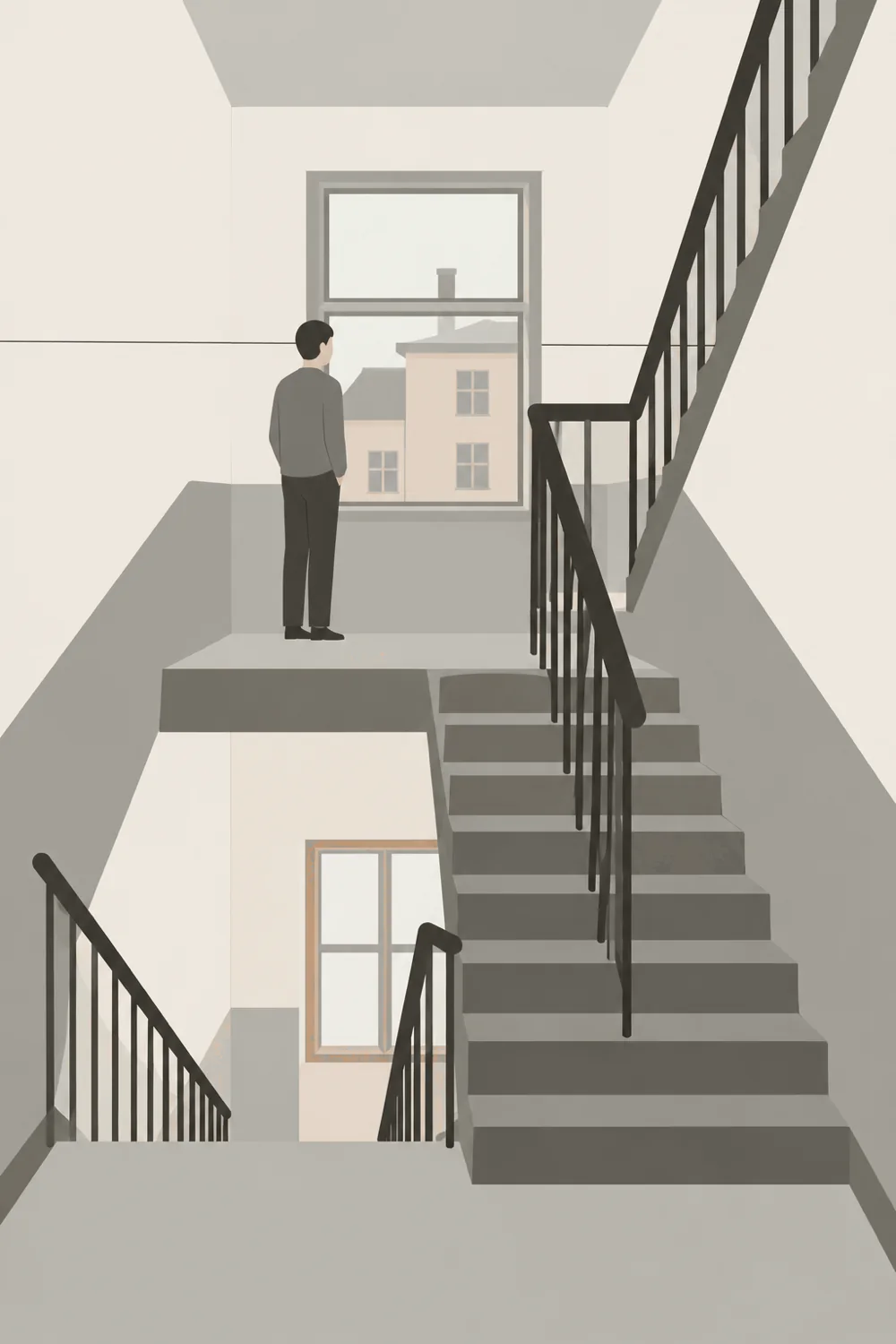 An illustration of a plain shared stairwell drawn as flat geometric planes, with one window on the half-landing and nobody on the stairs.