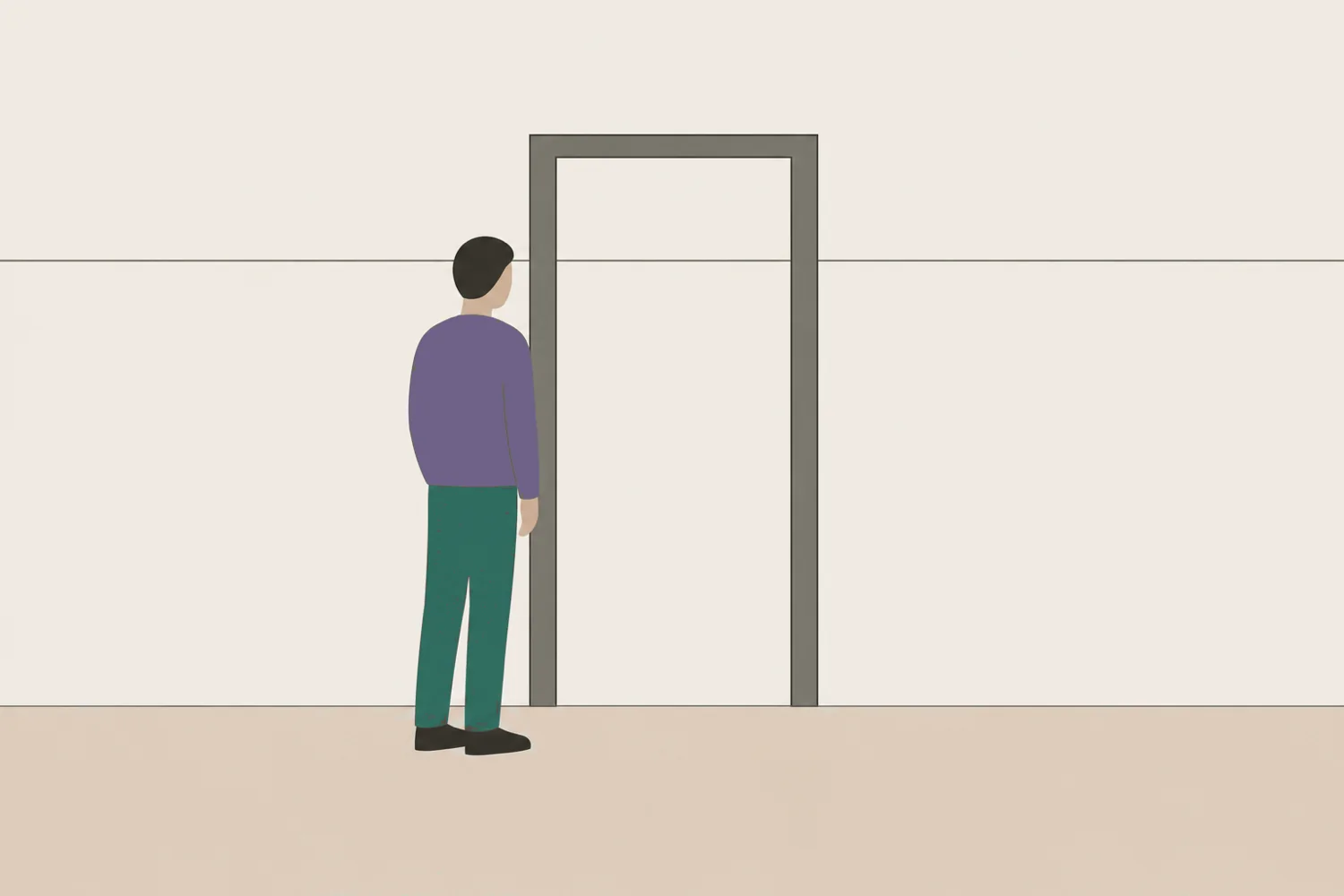 An illustration of a plain empty doorway in a bare wall, with a thin horizontal line crossing the frame at standing eye height.