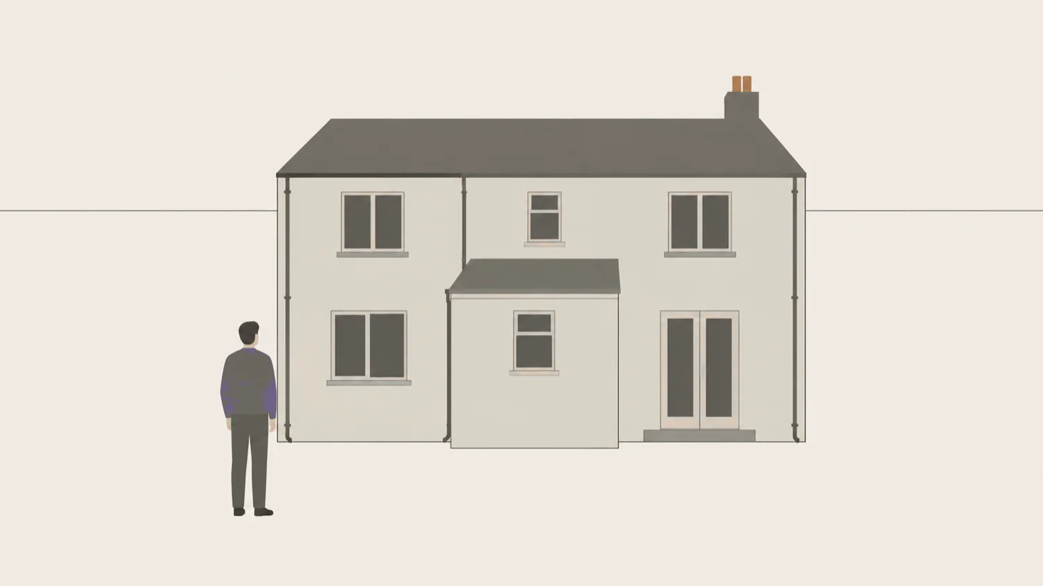 An illustration of the rear elevation of a plain simplified building drawn as flat blocks, with hairline gutters and downpipes.